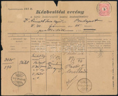 1894 Kézbesítési Vevény A Bírói Határozatok Kézbesítéséhez5kr Bérmentesítéssel "BUDAPEST VIZIVÁROS 1.SZ.", Hátoldalán 15 - Sonstige & Ohne Zuordnung