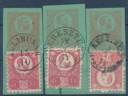 1871 3 Db 5kr Díjjegy Kivágás, Mind Réznyomat 5kr Díjkiegészítéssel, "ALIBUNAR", "KERESZTUR BÁCS M.", "KESZTHELY VÁROS - - Autres & Non Classés