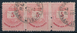 O 1874 5kr Hármascsík, A Középső Bélyeg Sokkal Szélesebb / Shifted Perforation - Sonstige & Ohne Zuordnung