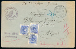 1938 Távolsági Levél Hivatalból Portóköteles, Rajta Kékportó 2 X 4f + 20f / Domestic Cover With 3 Postage Due Stamps "SZ - Autres & Non Classés