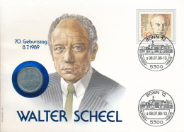 NSZK 1970G 1M Cu-Ni "Walter Scheel" érmés Borítékban Bélyeggel és Bélyegzéssel T:AU FRG 1970G 1 Mark Cu-Ni "Walter Schee - Unclassified