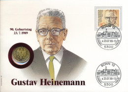 NSZK 1989J 1M Aranyozott Cu-Ni "Gustav Heinemann" érmés Borítékban Bélyeggel, Bélyegzéssel, Német Nyelvű Leírással T:UNC - Unclassified