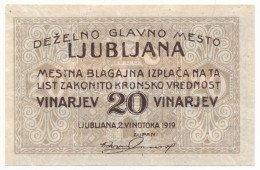 Jugoszlávia / Ljubljana 1919. 20v Szükségpénz T:F  Yugoslavia / Ljubljana 1919. 20 Vinarjev Necessity Note C:F - Sin Clasificación