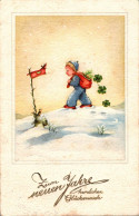 D7682 - Glückwunschkarte Neujahr - Winterlandschaft Mädchen Kleeblatt Rotkehlchen Vogel  - HACO - New Year