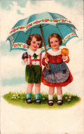 D7684 - Litho Glückwunschkarte Kinder Mädchen Junge Schirm Regenschirm  - L&P - Gel Sottegem - Birthday