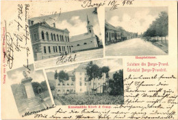 T2/T3 1901 Borgóprund, Borgó-Prund, Prundu Bargaului; Hauptstrasse, Kunstmühle Kisch & Comp. / Fő Utca, Szálloda, Kisch  - Ohne Zuordnung
