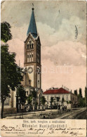 T3 1906 Buziásfürdő, Baile Buzias; Római Katolikus Templom, Szálloda. Nosek Gusztáv Kiadása / Catholic Church, Hotel (ki - Ohne Zuordnung