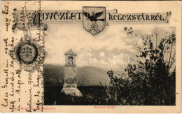 T3 1900 Kolozsvár, Cluj; Rákóczy Emlék. Üdvözlet Címerrel. Kováts P. Fiai Kiadása / Monument. Art Nouveau Coat Of Arms ( - Non Classificati