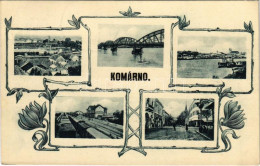 T2/T3 1935 Komárom, Komárno; Mozaiklap Vasútállomással / Multi-view Postcard With Railway Station. Art Nouveau, Floral ( - Non Classificati