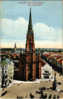 T2/T3 1915 Újvidék, Novi Sad; Római Katolikus Templom, Piac. Vasúti Levelezőlapárusítás 9. Sz. 1915. / Catholic Church,  - Sin Clasificación