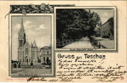 T2/T3 1898 (Vorläufer) Cieszyn, Teschen; Herz Jesu Kirche, Erzherzog Albrecht Allee / Church, Street View. Verlag Von Ku - Unclassified