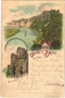 T2/T3 1900 Rathen, Sächsische Schweiz, Basteifelsen. Wilhelm Hoffmann Kunstanstalt Art Nouveau, Litho (small Tear) - Ohne Zuordnung