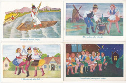 ** 4 Db RÉGI Magyar Népviseletes Folklór Művészlap: Nótás Grafika, Népdalok / 4 Pre-1945 Hungarian Folklore Art Postcard - Ohne Zuordnung