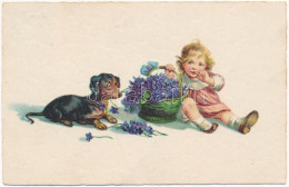 T2 1934 Children Art Postcard, Girl With Flowers And Dachshund Dog - Ohne Zuordnung