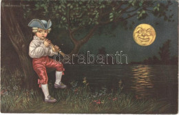 ** T2 Italian Children Art Postcard, Boy With Flute And Winking Moon S: Colombo - Non Classés