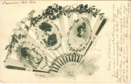 T2/T3 1900 Art Nouveau Hand Fan Lady Art Postcard, Floral (EK) - Unclassified