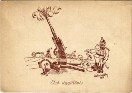 T2/T3 1943 Első ágyúlövés. Katonai Humor Képeslap / Hungarian Military Humour Art Postcard S: Molnár Gábor (EB) - Non Classés