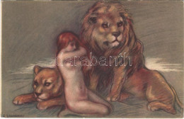 ** T2/T3 Nude Lady With Lions. Italian Slightly Erotic Art Postcard. Uff. Rev. Stampa 18-4. S: Zandrino (EK) - Unclassified