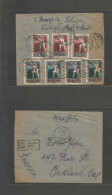 LATVIA. 1921 (5 Apr) Kuldiga - USA, Oukland, CA (May 21) Reverse Registered Multifkd Envelope Ovptd Issue + R-cachet Of  - Lettland
