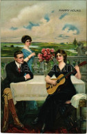 ** T4 Happy Hours. Romantic Couple Art Postcard, Lady With Guitar S: Clarence F. Underwood (vágott / Cut) - Unclassified