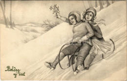 T2/T3 1916 Boldog Újévet! / New Year Greeting With Sledding Ladies, Winter Sport. V. K. Vienne 5377. (EK) - Ohne Zuordnung