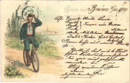 T2/T3 1899 Gruss Aus... / Man On A Bicycle. Litho (felületi Sérülés / Surface Damage) - Unclassified