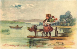 ** T1/T2 Bonne Et Heureuse Année / New Year Greetings, Girl With Dog, Boat, Bouquet - Unclassified