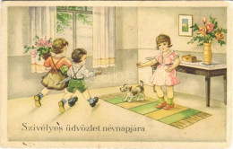 * T2/T3 Szivélyes üdvözlet Névnapjára / Name Day Greeting Card, Children With Dog (EK) - Unclassified