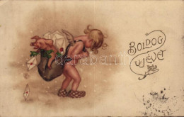 T2/T3 1925 Boldog Újévet! / New Year Greeting Card, Angel With Pig And Letters (EK) - Unclassified