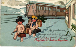 T2/T3 1922 Herzliche Weihnachtsgrüsse / Christmas Greeting Art Postcard, Railway Station With Train (EK) - Ohne Zuordnung