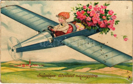 T4 Szívélyes üdvözlet Névnapjára / Name Day Greeting Card With Pilot, Airplane And Flowers (lyukak / Pinholes) - Ohne Zuordnung