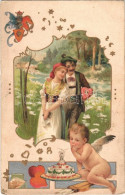 ** T3 Greeting Card With Romantic Couple, Cupid With Cake. Emb. Litho (szakadás / Tear) - Unclassified