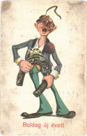 * T3 1916 Boldog Újévet! / New Year Greeting Art Postcard, Man With Horseshoe (Rb) - Ohne Zuordnung
