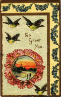T4 1911 To Greet You! Art Nouveau, Floral, Emb. Litho Greeting Card With Swallows (apró Lyuk / Tiny Pinhole) - Non Classés