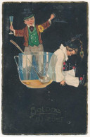 T3 Boldog Újévet! / New Year Greeting Art Postcard, Drunk Clown, Man With Champagne. HWB. Ser. 12885. (ázott Sarok / Wet - Non Classés