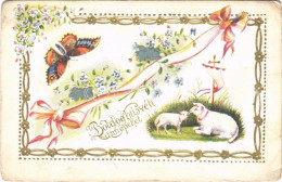 * T3 Boldog Húsvéti ünnepeket! / Easter Greeting Art Postcard With Sheep, Ribbon, Butterfly. Floral Emb. Litho (EB) - Unclassified