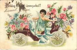 T3 1906 Boldog Húsvéti Ünnepeket! / Easter Greeting Art Postcard, Angel With Automobile. Floral, Litho (EB) - Sin Clasificación