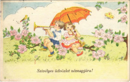 * T3 Szívélyes üdvözlet Névnapjára! / Name Day Greeting Art Postcard, Children With Trumpets (EB) - Non Classés