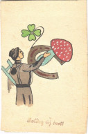 T4 Boldog Újévet! / New Year Greeting Card With Chimney Sweeper, Mushroom, Clover And Horseshoe (vágott / Cut) - Non Classés