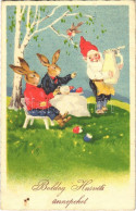 T2/T3 1934 Boldog Húsvéti ünnepeket! / Easter Greeting Art Postcard, Rabbits With Dwarf (EK) - Ohne Zuordnung