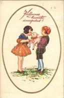 * T2/T3 1935 Kellemes Húsvéti ünnepeket! / Easter Greeting Art Postcard, Children With Sheep (gyűrődés / Crease) - Ohne Zuordnung