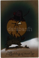 T2/T3 1913 Boldog Újévet! / New Year Greeting Card With The Moon, Winter Landscape, Pipe. Litho (EK) - Ohne Zuordnung