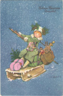 T2 1936 Kellemes Karácsonyi Ünnepeket / Christmas Greeting Art Postcard, Sled With Toys S: K. Sávely D. - Non Classés