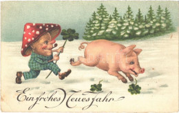 * T2/T3 1929 Ein Frohes Neues Jahr / New Year Greeting Art Postcard, Mushroom Man With Clovers And Pig (EK) - Ohne Zuordnung