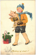 * T2/T3 Boldog Újévet! / New Year Greeting Art Postcard, Boy With Pig (fl) - Non Classés