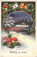 * T2/T3 Boldog Újévet! / New Year Greeting Art Postcard, Locomotive With Mushrooms, Clover, Horseshoe. Rokat 1634. (EK) - Non Classés