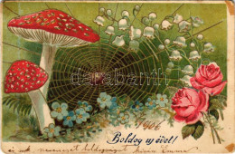 T3 1905 Boldog új évet! Gomba, Pók, Virágok / New Year Greeting With Mushroom, Spider And Flowers. Golden Decorated, Lit - Unclassified