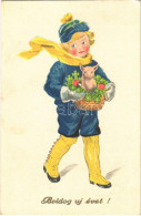 * T2/T3 Boldog Újévet! / New Year Greeting Art Postcard, Boy With Pig, Mushroom And Clovers (Rb) - Non Classés