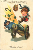 T2/T3 1933 Boldog Újévet! / New Year Greeting Art Postcard, Cannon With Clovers And Horseshoe - Non Classés