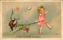 * T2/T3 1943 Boldog Pünkösdi ünnepeket / Pentecost Greeting Card, Girl With Bugs S: M. H. (fl) - Non Classés